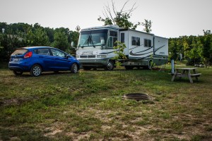Motor home and car.  Photo by Grace Grogan